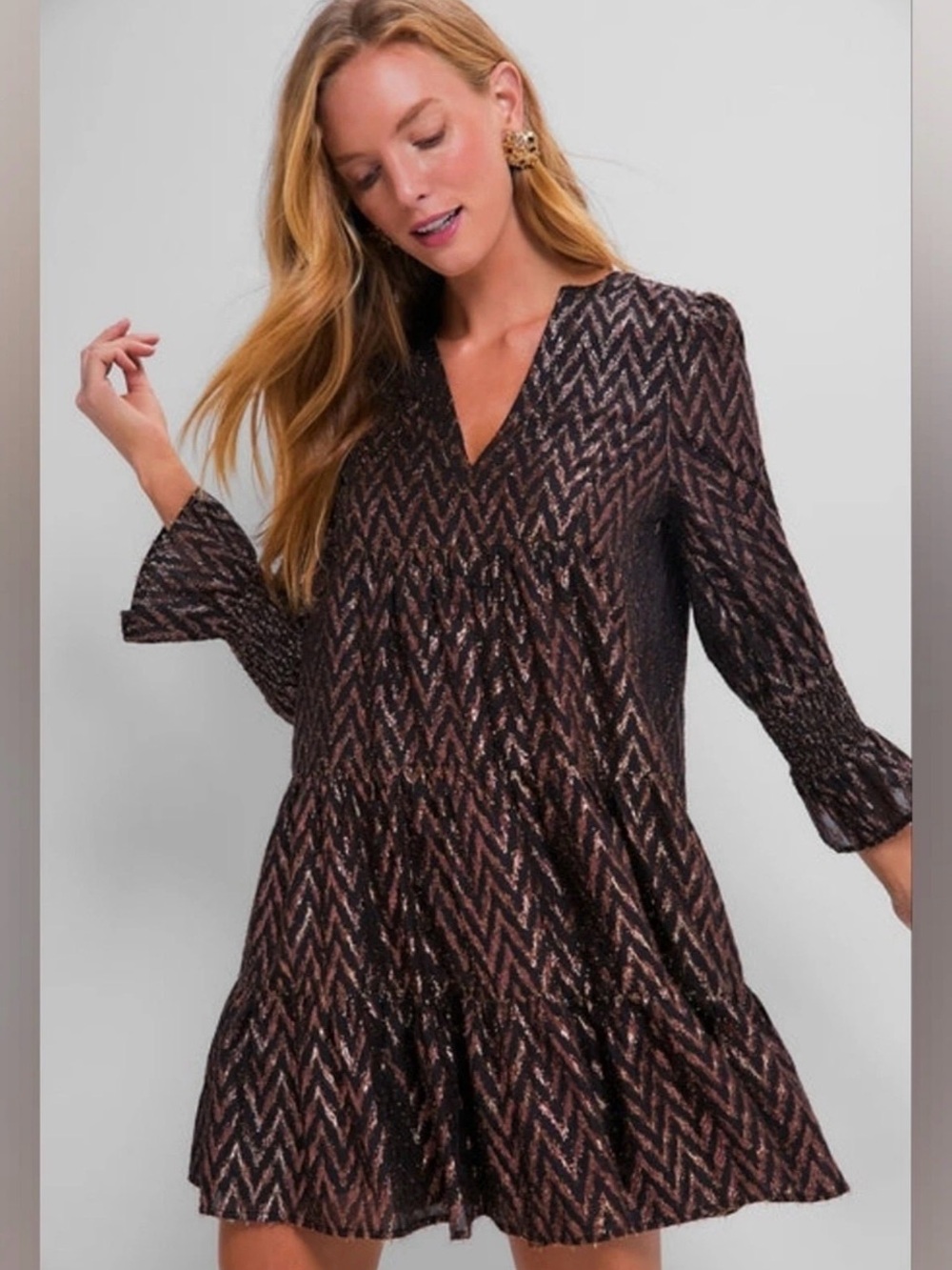Pomander Place Ikat Kenzo Shimmery Chevron Mini Dress - Black & Bronze